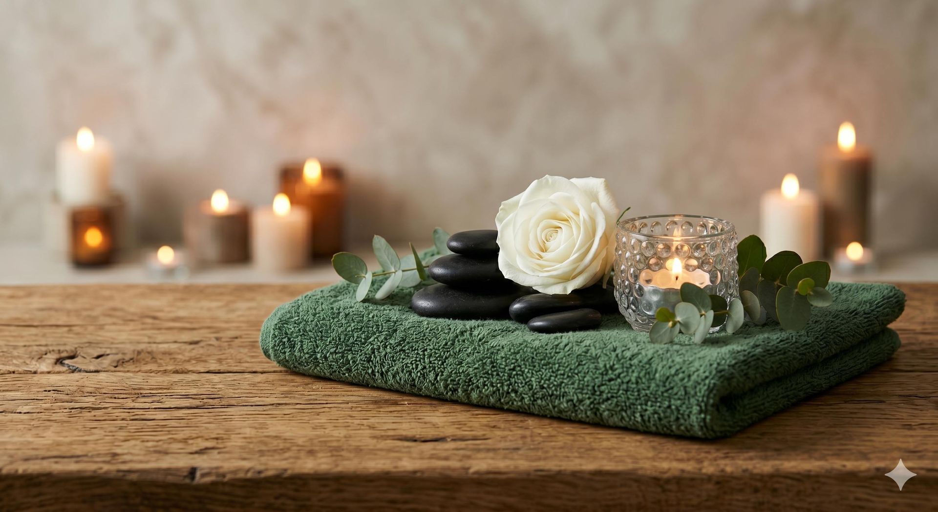 Sfeerimpressie met handoeken, hotstones en een kaarsje voor zen4you